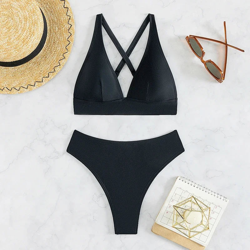 Solid Color Black Swimsuit for Women 2026 Summer High Waist 2-piece Bikini Set Beach Bathing Suit Bandage Vacation Swimwear