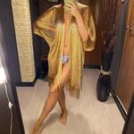 Sexy Fringe Tassel Mesh Sheer Shiny Knitted Tunic Beach Cover Up Cover-ups Beach Dress Beach Wear Beachwear Female Women V3321