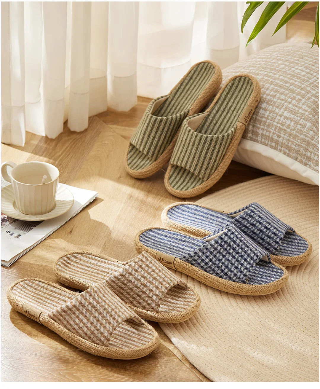 Janpanest Style Cotton Linen Slippers For Womeen Men Leisure House Shoes Striped Style Anti-slip Couples Home Breathable Slides