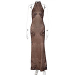 FDYOUI Women Vintage Halter Printed Long Party Club Dresses 2026 Summer Ladies Sexy Backless Lace-up Bodycon Evening Prom Dress