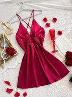 Sexy Criss Cross Back Nightdress Women V Neck Lace Trim Hollow Out Sleepwear Pajamas For Home Wear