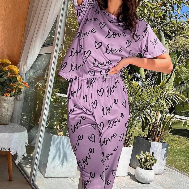 Ladies Pyjamas Dark Pink Letter Printed Short Sleeved T-shirt and Pants Sleepwear Pajama 2 Pieces Casual Home Wear