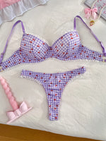 Cherry Print Bralette Set Sweet Lace Trim Women's Lingerie French Style Thin Bra Panty Light Purple Plaid Intimate Underwear Set