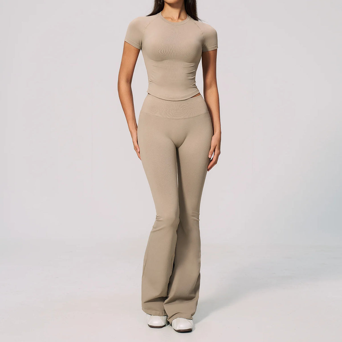 Seamless High Elasticity Yoga Sets Women Short Sleeve O Neck Sports T Shirts Workout Outfits Running Wide Leg Pants Fitness Suit