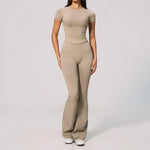 Seamless High Elasticity Yoga Sets Women Short Sleeve O Neck Sports T Shirts Workout Outfits Running Wide Leg Pants Fitness Suit