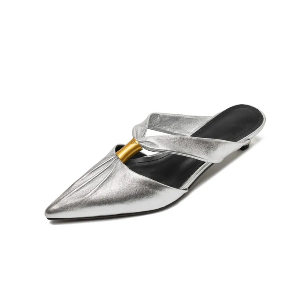 2026 Summer New Brand Women Slipper Fashion Pointed Toe Slip On Slides Low Heel Ladies Elegant Mules Sandals Top qualityGold
