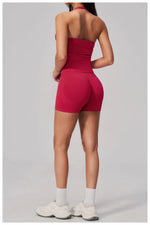 New Seamless Yoga Thread Set Women Hanging Neck V Neck Slim Sports Tank Top Hip Lifting Abdominal Tightening Shorts Fitness Suit