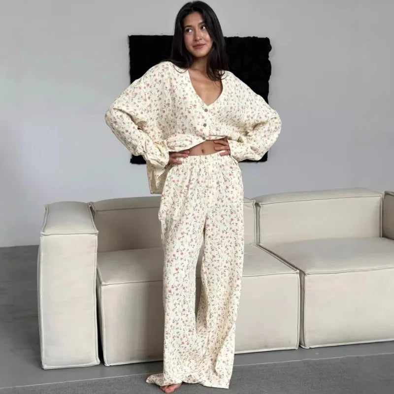 New 100% Cotton Printed Cardigan Pajama Set Women's New Autumn Long Sleeved Pants Pajamas Loose Home Clothing 2-piece Set 2026