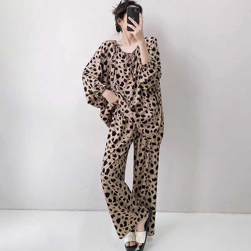 Popular Pajama Women's Cartoon Panda Leopard Print Imitation Cotton Spring and Autumn Style New Plus Size Home Suit Set