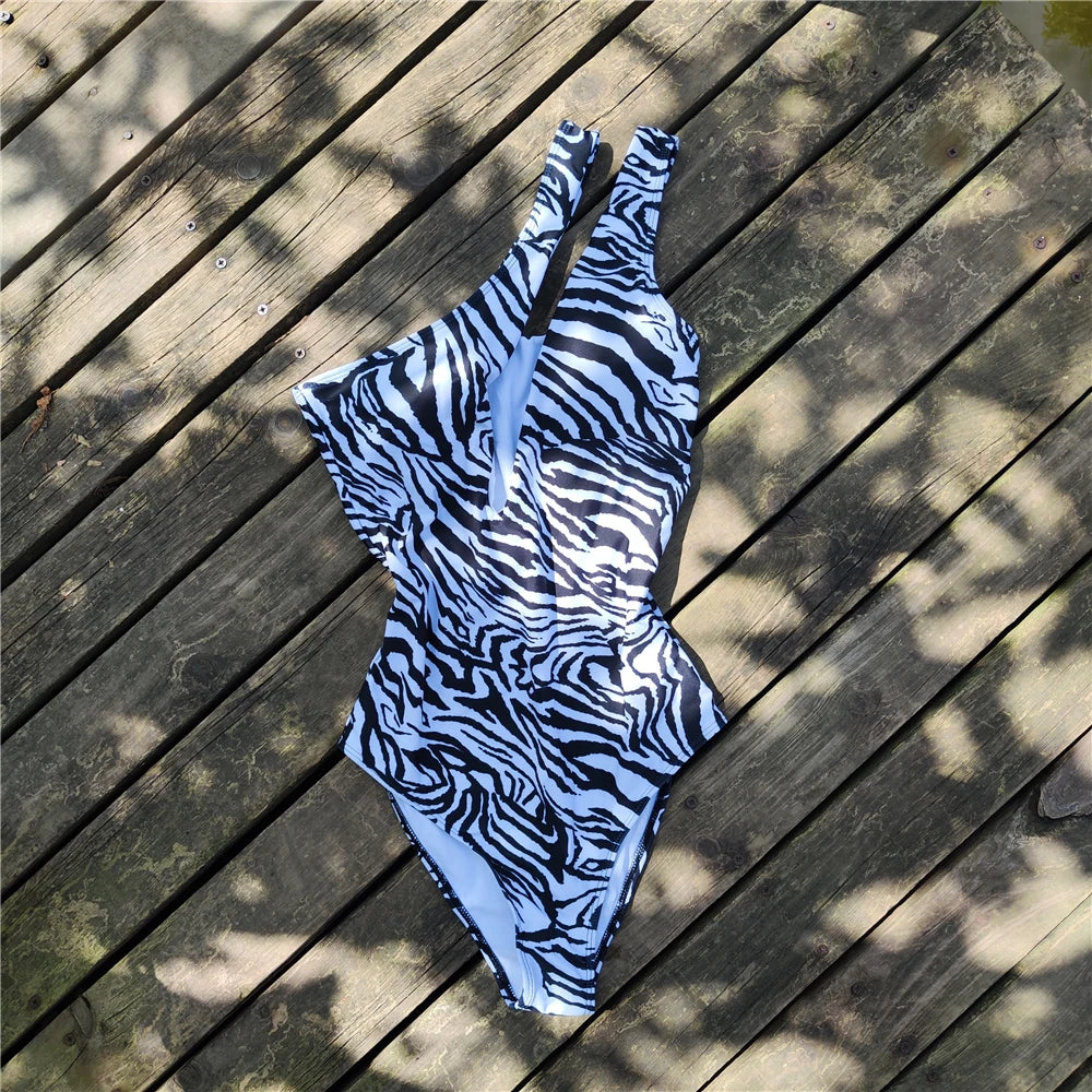 2023 Women One Piece Swimsuit Zebra One Shoulder Female Swimwear Sexy Monokini Hollow Out Beachwear Push Up Bodysuit