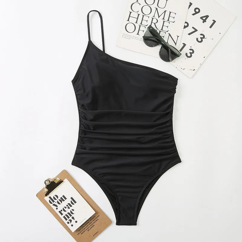 2026 Sexy One Shoulder One Piece Swimsuit 2022 Women Solid Black Neon Green Push Up Padded Bathing Suit Pleate Swimwear Monokini