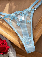 French Style Blue Lace Bra and Panties Set Women Sexy Eyelash Lace Underwear Transparent Mesh Two Piece Lingerie