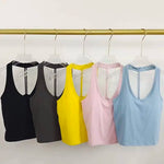 Women's Summer V-Neck Yoga Sports Vest Hanging Back Neck Design Outdoor Running Training Gathered Fit Active Wear Top