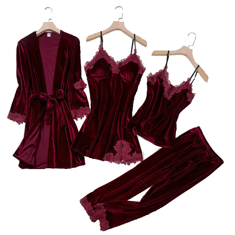 2025 New Gold Velvet Lace Sleepwear Women's Long Sleeve Home Clothes Set with Chest Pad Strap Four Piece Suite Winter Season