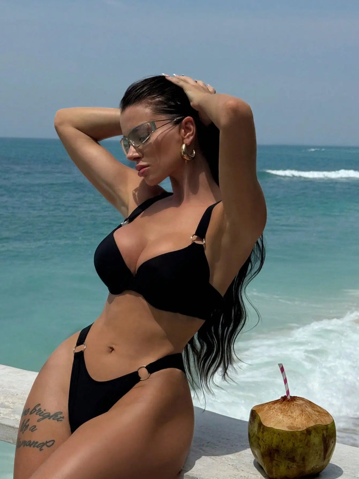 DEKA Underwire Bikini Set Women Halter High Cut Swimwear Solid Pleated Split Swimsuit Sexy Thongs Summer Holiday Bathing Suit