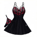 Black Red Rose Floral Embroidery Mesh Babydoll Lingerie Set Underwire Nightgown With Matching Thong Women Sleepwear ZA825127