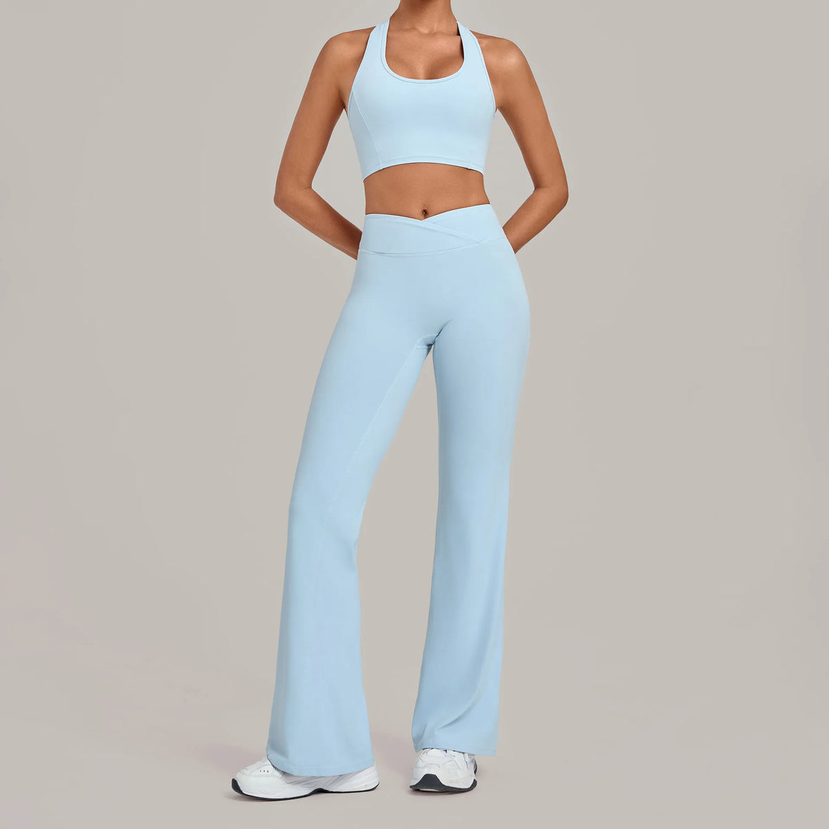 Breathable Stretch Yoga Sets Women Quick Drying Shockproof Sports Bra High Waist Bell Bottom Pants Gym Two-piece Fitness Suit