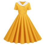 1950s Vintage 50s A-Line Evening Dress Short Sleeves V Neck Button High Waist Dresses Women's Prom Party Midi Dress Vestidos