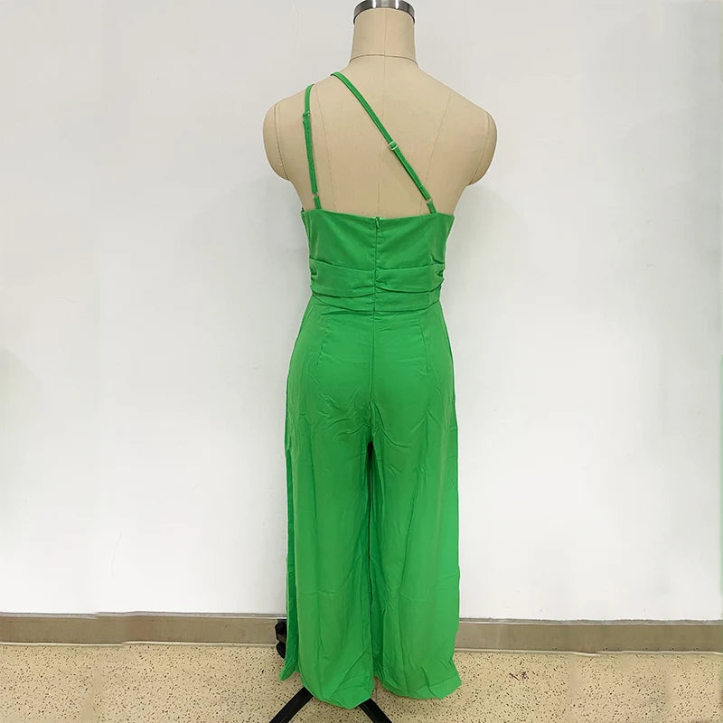 Foridol Waist Folds Backless Double Strap Casual Wide Leg Jumpsuit Long Pants Green 2025 New Female LooseJumpsuit