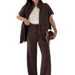Women's Two Piece Outfit Casual Full Zip-up Short Sleeve Shirt And Wide Leg Pants Set Office Casual Lounge Tracksuit