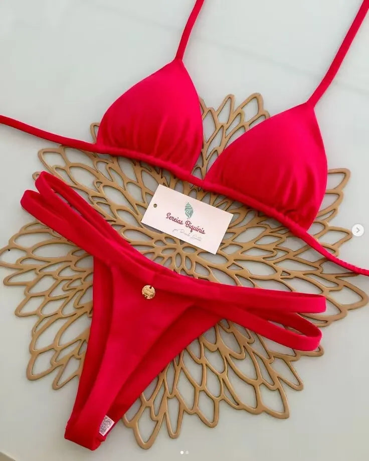 2026 Swimwear Women CuteCherry Print Brazilian Thong Bikini Set Sexy Thong Swimsuit Two Pieces Bathing Suit Women Beach Wear