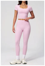 2PC Color Contrast Yoga Suit Women Short Sleeve Square Collar Slim Sports Top Fitness Suits Outdoor Exercise Leggings Tracksuit