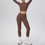 New Women Yoga Set Solid Color Double-Sided Brushed Bare Feel Short Long-Sleeve Jacket Tight Pants Running Fitness 2-Piece Set