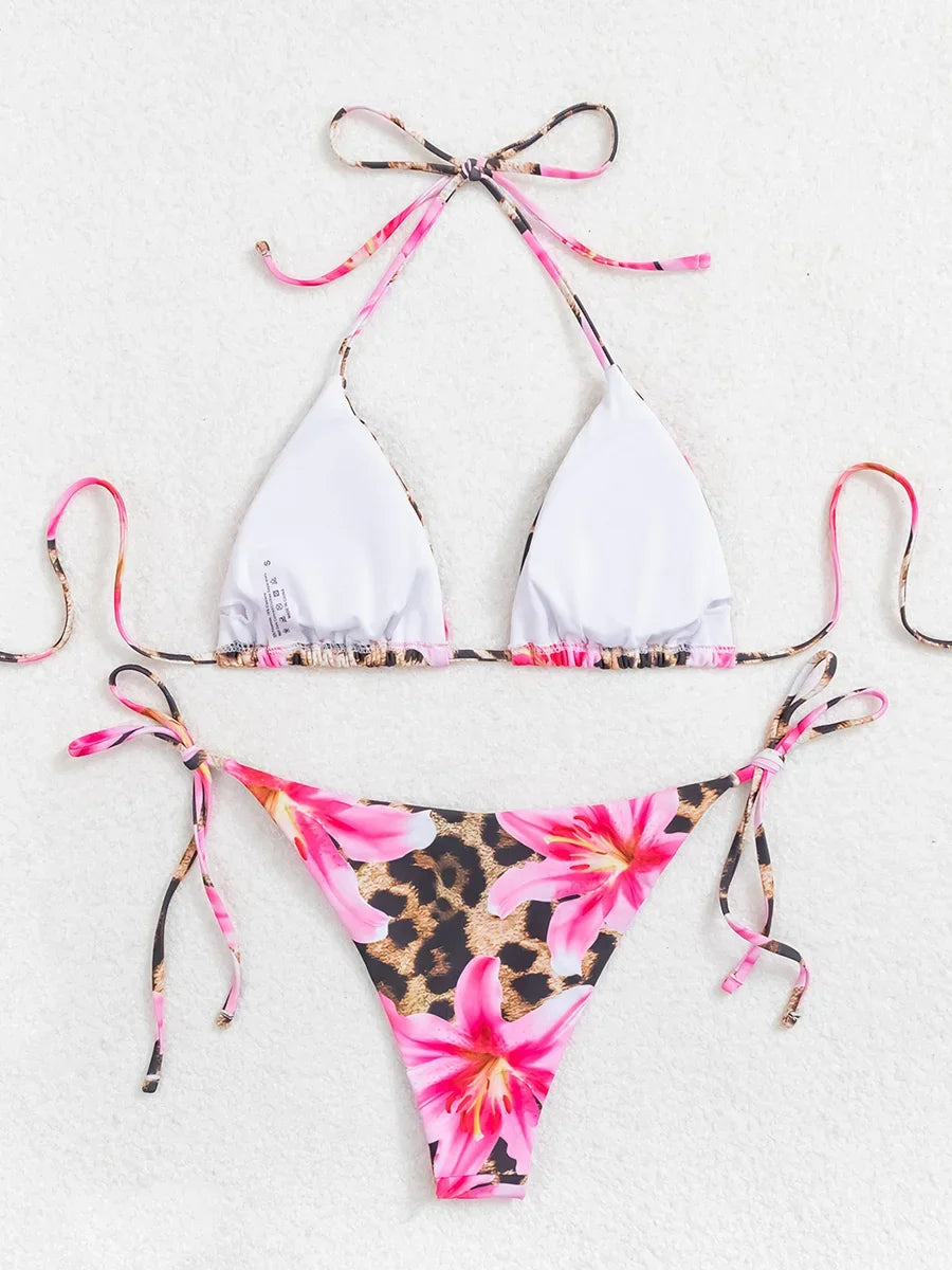 XS - L Floral Leopard Printed Halter Bikini Women Swimwear Female Swimsuit Two-pieces Bikini set Bather Bathing Suit Swim Lady