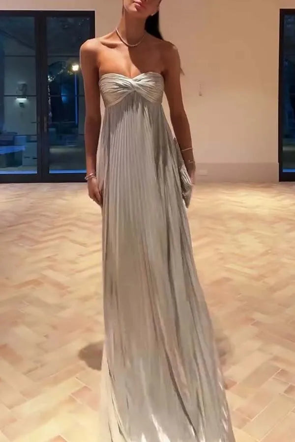 Gold Hot Tube Top Party Dresses Women Solid Color Sexy Hot Girls Fold Banquet Slit Evening Dress Female Streetwear Long Vestidos