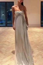 Gold Hot Tube Top Party Dresses Women Solid Color Sexy Hot Girls Fold Banquet Slit Evening Dress Female Streetwear Long Vestidos
