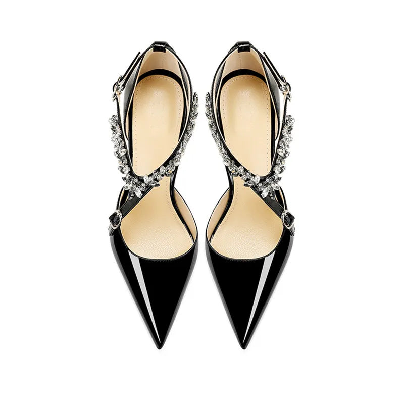 Rhinestone High Heels 2025 Summer Versatile Pointed Heel One-word Buckle Bag Head Sandals Women Black Strap High Heel Sandals 45