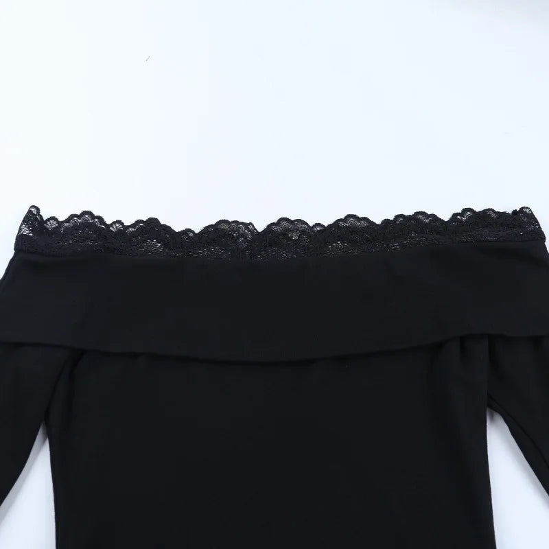 Y2K Streetwear Lace Long-Sleeve Off-Shoulder Top for Women American Style Slim-Fit Hot Girl T-Shirt Lady Spring Autumn Outfit