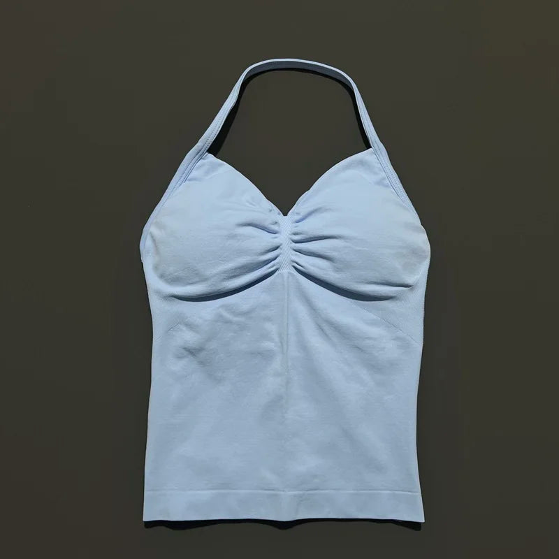 HISTELLO GYM Longline Strappy Top Women Seamless Yoga Clothing With Removable Pads V Neck Open Back Bra Workout Sports Halter