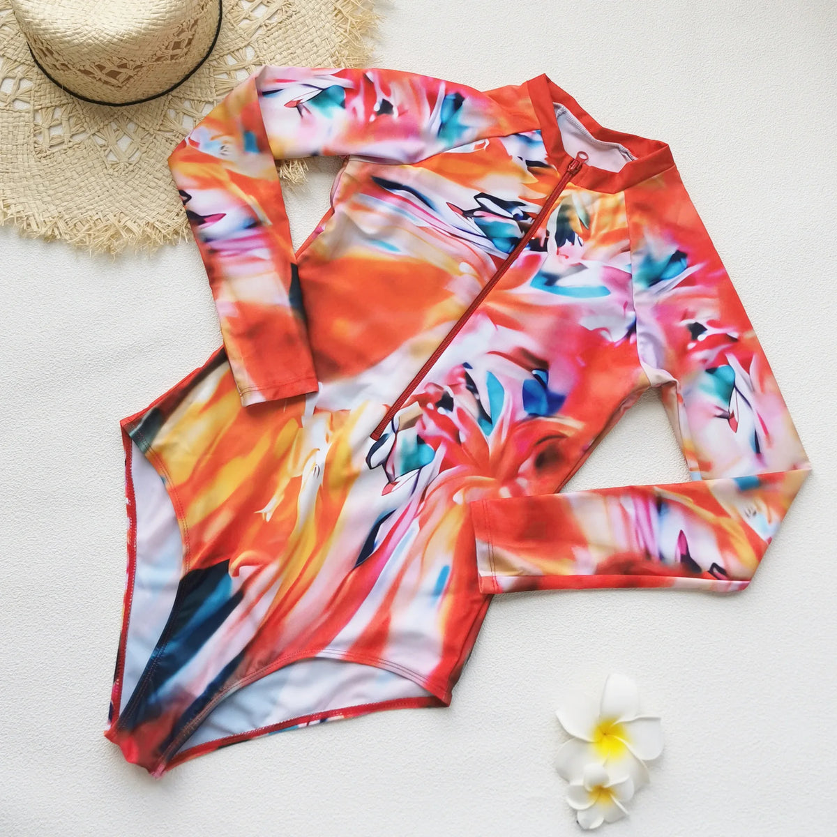 2026 Patchwork One Piece Swimsuit Long Sleeve Swimwear Women Bathing Suit Retro Zipper Swimsuit One Piece Surfing Swim Wear