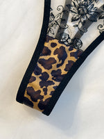 Black Wild leopard print patchwork lace lingerie set - Hot girl style netted embroidered half-cup bra thong set ZA825120
