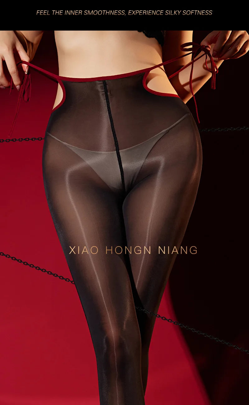 Lace-Up Pantyhose Sexy Silky Aurora Purple Black Sheer Shiny With High Waist Design Ultra Thin Silky Pantyhose For Women 9HU9