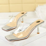 BIGTREE Sexy Silver PVC Transparent Crystal Womens Slippers 2026 Summer Square Toe Thin High Heels Sandals Ladies Shoes