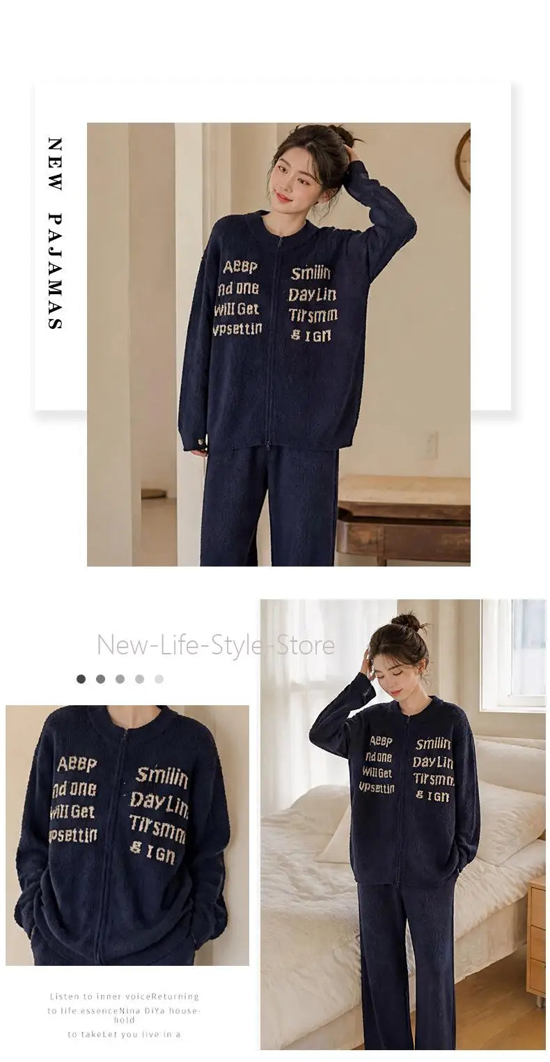 Autumn Winter Thick Zipper Cardigan Casual Wearable Outside Ladies Homewear Sleepwear Women Half Velvet Two Piece Pajama Set