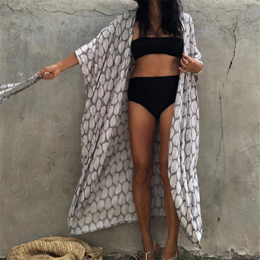7 Colors Leaves Printed With Belt Half Sleeve Tunic Beach Cover Up Cover-ups Beach Dress Beach Wear Beachwear Female Women V4511