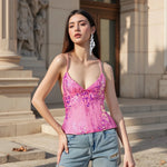 Women's Summer Deep V Neck Sequin Tank Tops Summer Fashionable Backless Sleeveless Spaghetti Strap Slim Fit Camisole