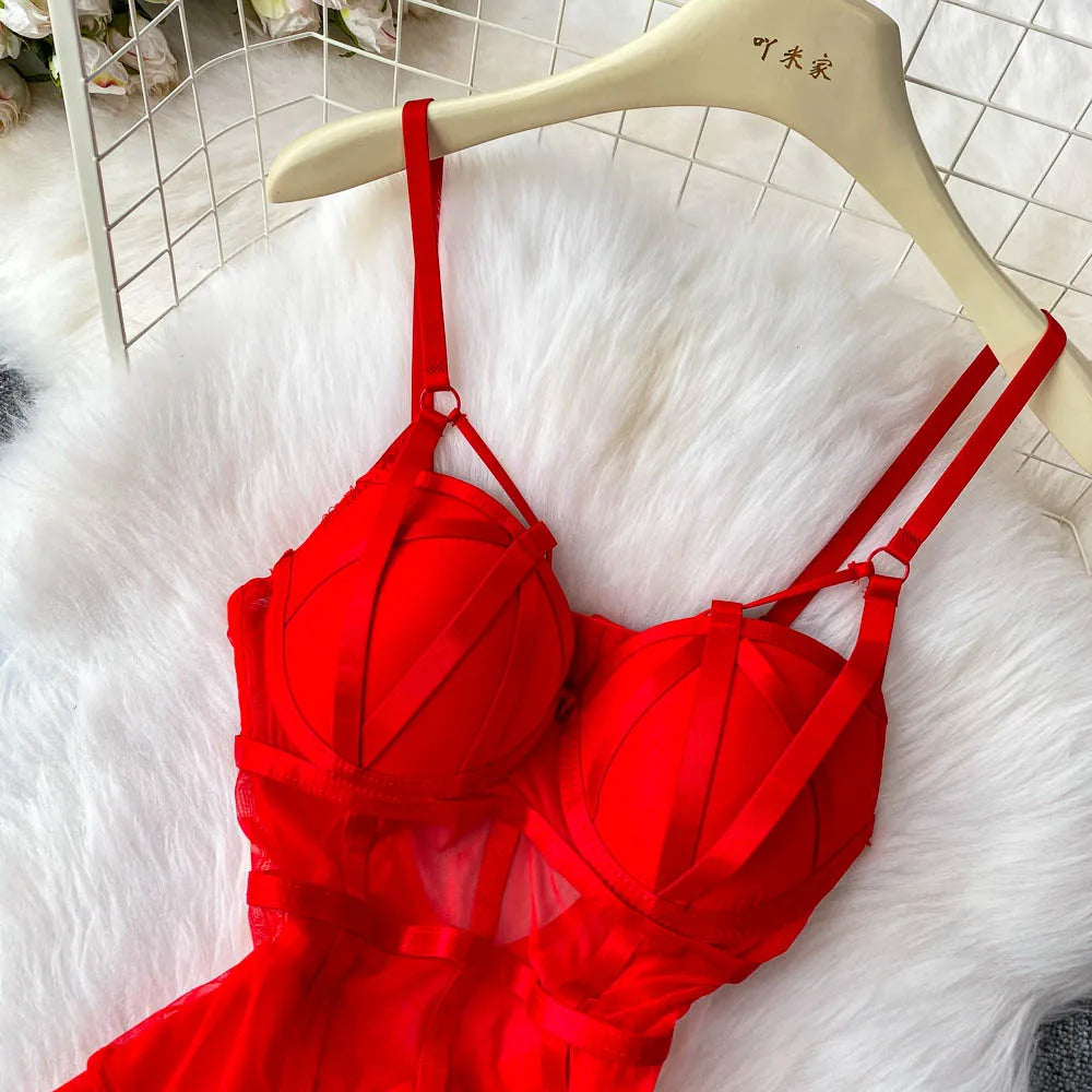 MOYISU Sexy Instagram Viral Bodysuit Women Pure & Sexy Sheer Mesh Halter Push Up Pads Summer Lingerie Euro Style Hot Sale SG