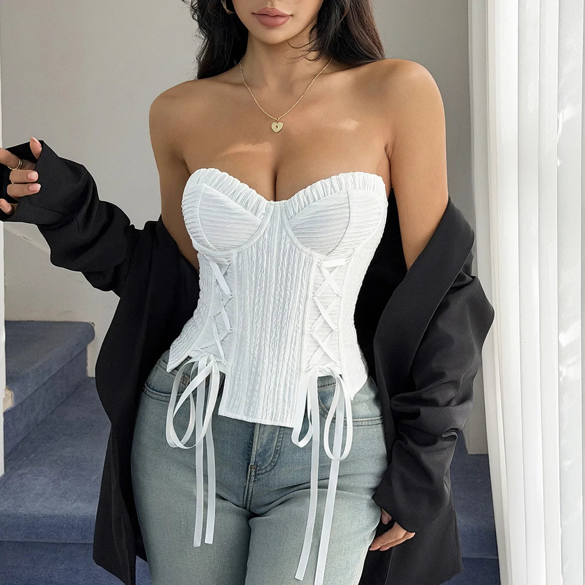 Summer Women White Strapless Waist Cinched Top Women White Drawstring Side Slim Fishbone CorsetClub Party Streetwear Camisole