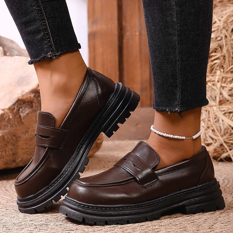 British Style Platform Loafers Women 2026 Autumn Slip On Thick Bottom Pu Leather Pumps Woman Plus Size 43 Office Student Shoes
