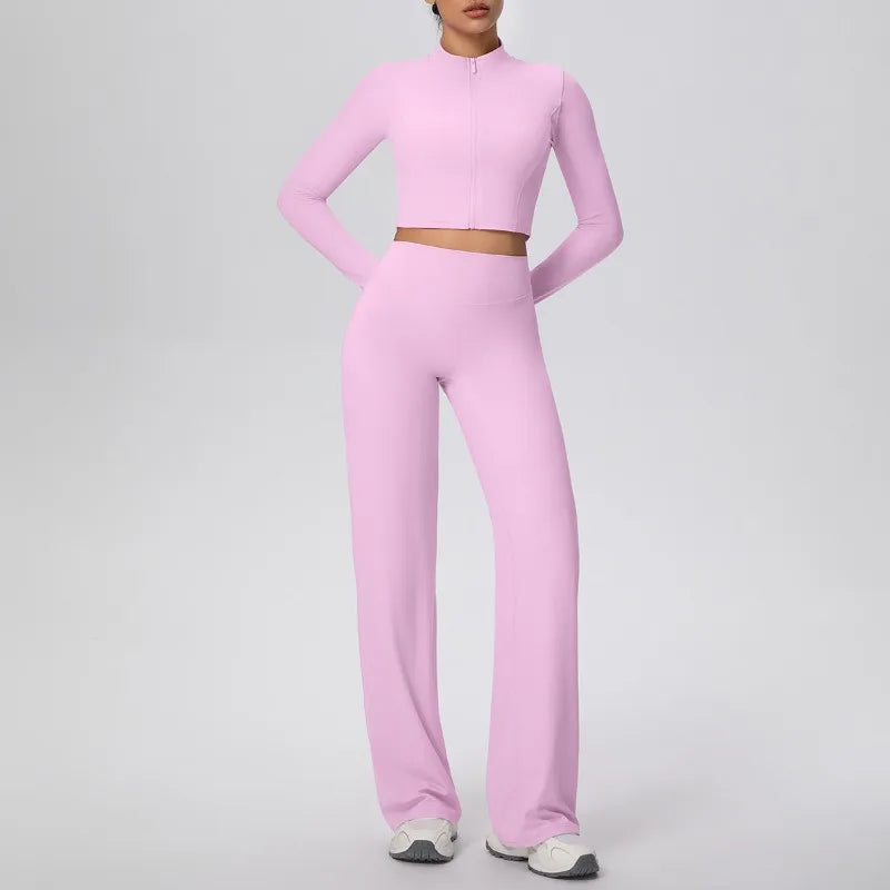 2 Pcs Women's Seamless Yoga Set Long-sleeved Wide-leg Pants Tracksuit Fitness Sports Set High-waisted Hip-lifting Slim-fit Suit