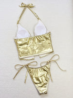 Sexy Gold Leather Micro Bikini 2026 Women Sexy Hollow Out Push Up Top Bandage Thong Swimsuit Summer Bathing Suit Hoiday Swimwear