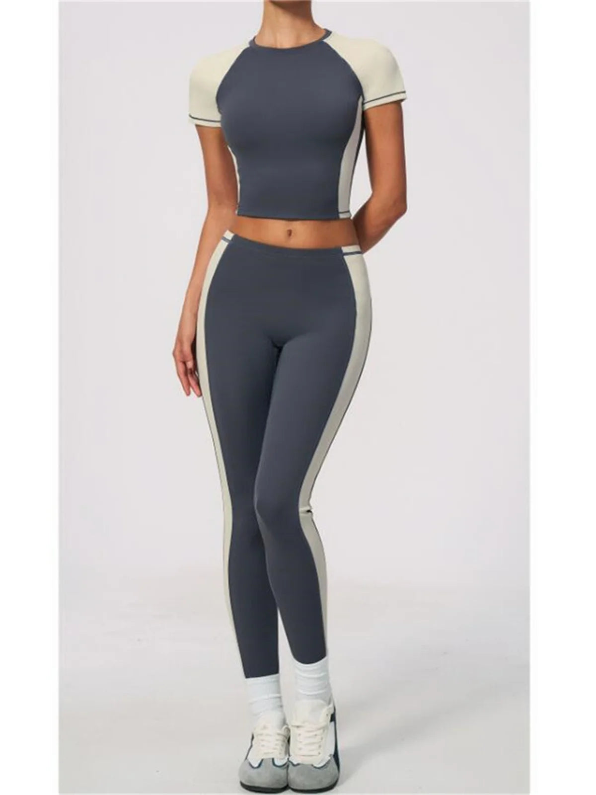 Nake Yoga Set Women's Tracksuit Color Contrast Short Sleeve Slim Sports T Shirts High Waist Leggings Fitness Clothes Gym Outfits