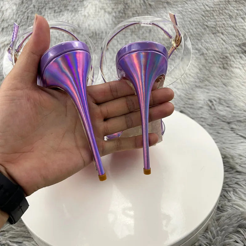 Laser Purple Women Sexy Summer Sandals PVC Pointed Toe Shoes 2023 Newest Slingback Shoes Thin Heels Party Ankle Buckle Ladies