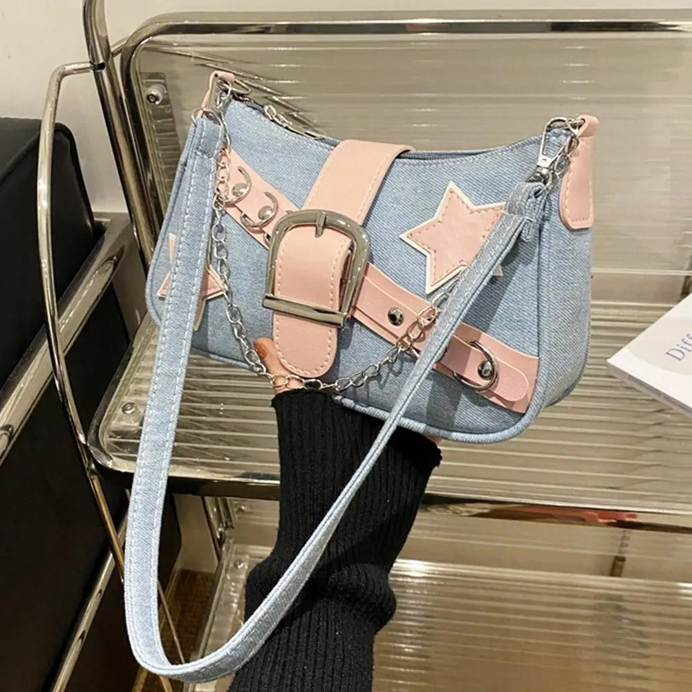 Fashion Women's Handbags Denim Stars Pattern Cool Girls Underarm Bag Female Small Shoulder Hobo Bags Chain Tote Bag