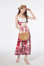 Women's Dress Blue And White Porcelain Retro Printed Metal Buckle Three-dimensional Strapless Top + Wide Skirt Two-piece Set
