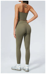 Women Tracksuit 2PCS Seamless Yoga Sets Hanging V Neck Slim Sports Tank Top Fitness Outfits Gym Running High Waist Leggings Suit